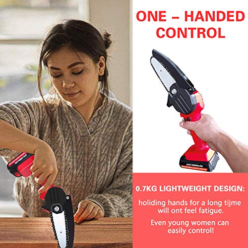 Mini Chainsaw with 2 Batteries and 4 Saw Chains, Handheld Cordless Chainsaw for Tree Branch Wood Cutting Red Battery Chainsaw
