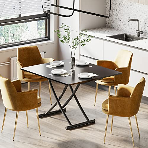 Xihuan Multifunctional Folding Dining Table, Versatile Lift Top Coffee Table Convertible To Dining Table, Height Adjustable Wooden Dinner Table With Metal Legs, Space Saving, Black #TOP1