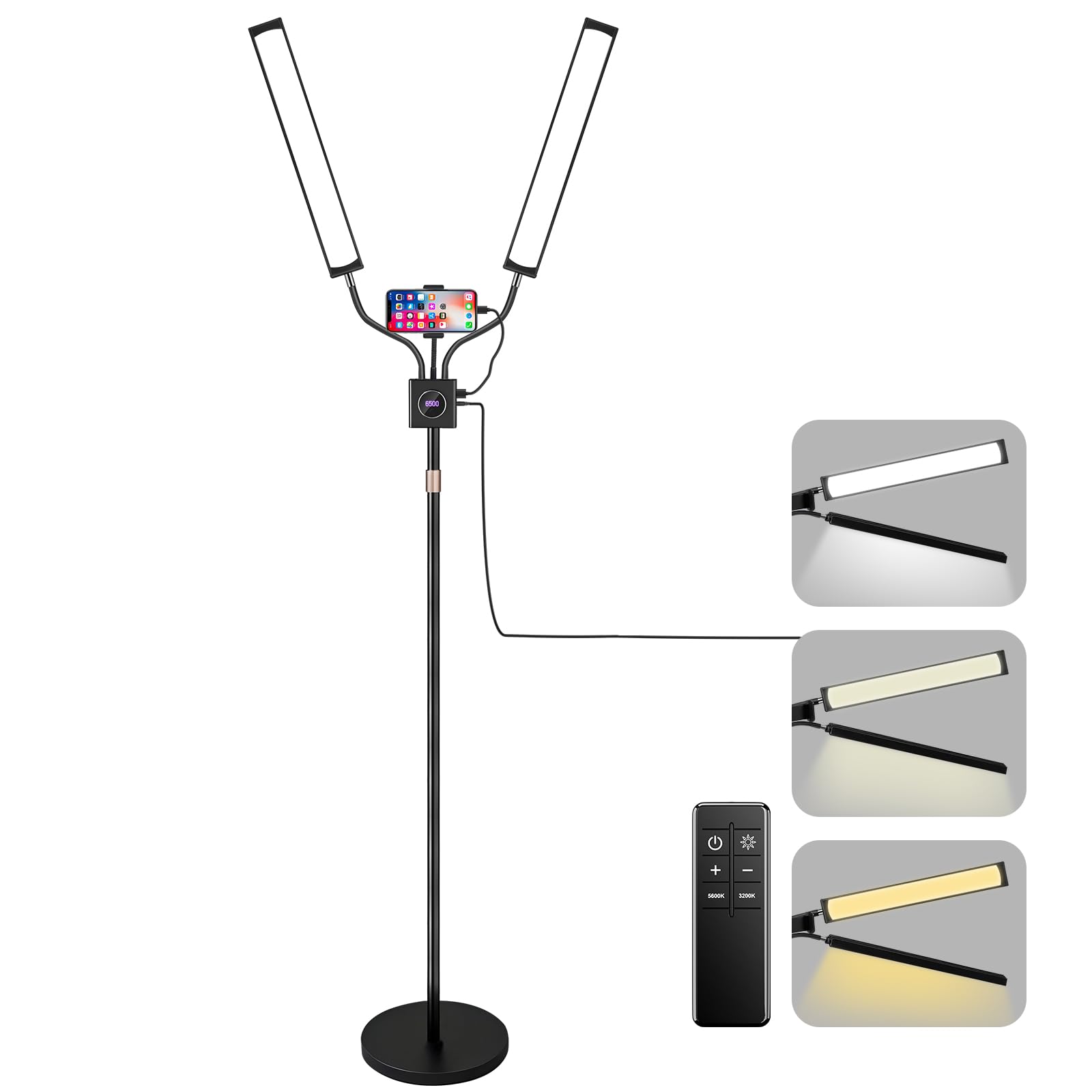 Wimpernlicht für Wimpernverlängerung LED-Bodenlampe mit 3 Farbtemperatur, Wimpernlampe Ästhetiker Licht für Tattoos, Nagel, Fotografie, verstellbare Helligkeitshöhe mit Telefonhalter (noir)