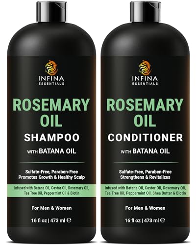INFINA ESSENTIALS Rosemary Oil Shampoo and Conditioner Set | 16 fl oz Each | with Batana Oil & Biotin | Sulfate-Free Thickening Formula for Thinning Hair | For Men & Women