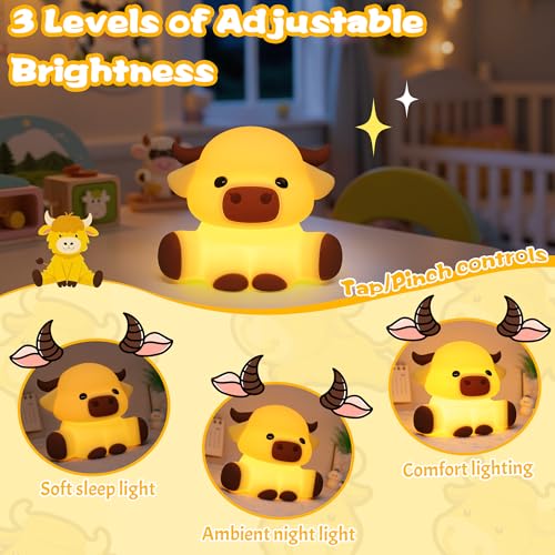 Image of OkiyiD Highland Cow Lamp, Dimmable Silicone Touch Night Light,Soft Glow Bedside Lamp for Bedroom or Desk Decor, Highland Cow Gifts, USB Powered with Gentle Illumination