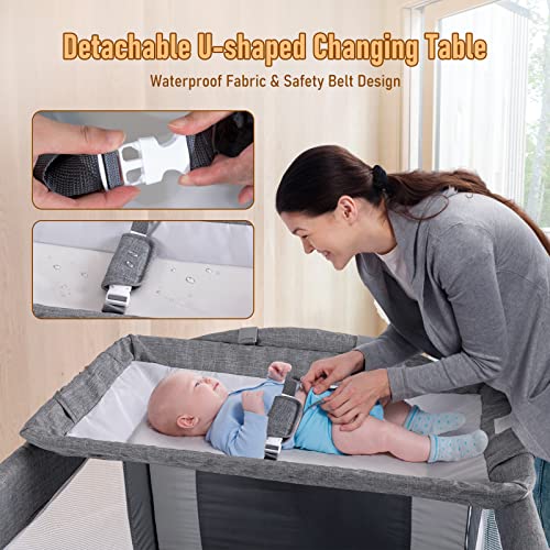 Image of Baby Bassinet Bedside Sleeper Baby Crib, Pack and Play with Bassinet and Changing Table, Portable Travel Baby Playpen with Bassinet Toys & Music Box, Mattress for Girl Boy Infant Newborn Gray