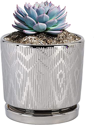 FOX & FERN Premium Ceramic Planter Pot with Drainage Hole and Saucer | Enhance The Ambiance of your Home, Office or Garden (Silver) (B0BW76MVCM) Amazon Price History, Amazon Price Tracker