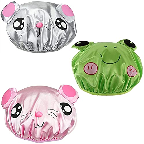 Bath Reusable Shower Caps Designed for Baby, Kids, Children,Long/Thick Hair, Cute, Waterproof, Cartoon Animal, Double Layer Bathing Hat for Boys, Girls, Women(Pink Mouse, Gray Mouse, Green Smile Frog)