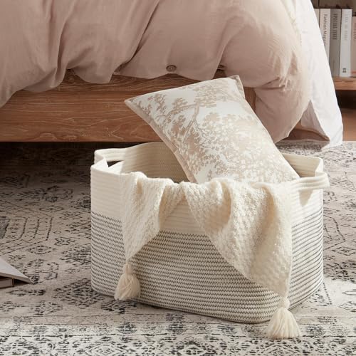 Image of OIAHOMY Large Blanket Basket, 65L Cotton Rope Woven Laundry Basket, Toy Bin for Baby Room, Container for Blanket Storage in Living Room, 20''x16''x12'', Black & White