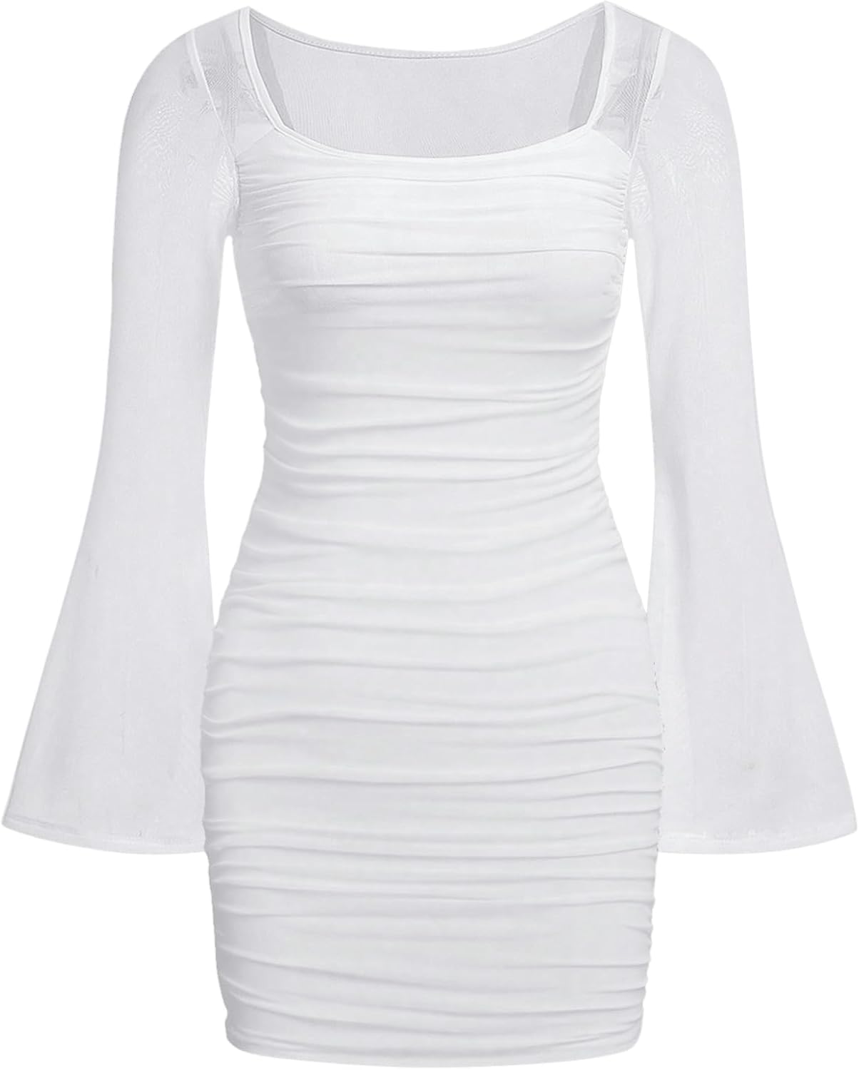 WDIRARA Girl's Square Neck Long Sleeve Ruched Bodycon Dress Casual Dresses