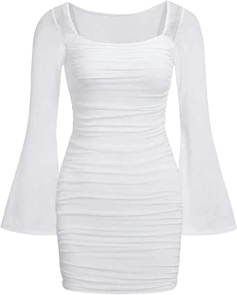Floerns Women's Square Neck Ruched Bodycon Dress - Long Sleeve, Solid Color, Casual Short Dress