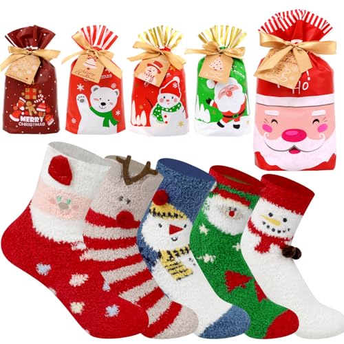 SULOLI 5 paires Chaussettes de Noel avec Sac Cadeaux Chaussettes d’Hiver Chaud Tricot Pompon Décoration Femme Noël Épais Chaussette à la Maison