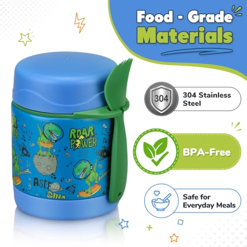 Image of Howeemo 10oz Soup Thermo for Hot Food Kids, Leak Proof Stainless Steel Wide Mouth Lunch Food Jar with Spoon, Dinosaur Blue