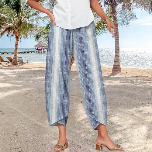 Bengbobar Linen Capris for Women Wide Leg Sweatpants Casual Petite Stripe Pants Baggy Palazzo Cropped Summer Beach Trousers2