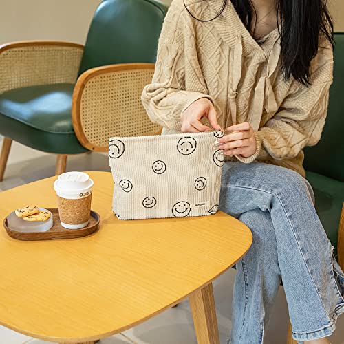 Makeup Bag For Women - Corduroy Cosmetic Bags Aesthetic Design Ladies Tote pouch Women's Pencil Case,Cute Smiley Face Makeup Organizer with Zipper (Beige)