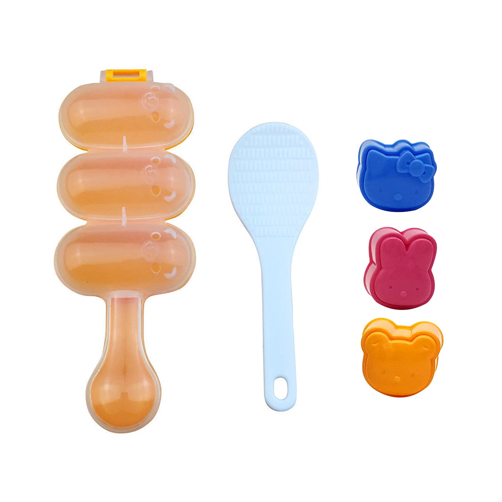 Sushi Shake Rice Ball Mold Sushi Maker Tool Set 1 Rice Ball Mold 3 Animal Rice Decorating Mold and 1 Piece Rice Paddle Home DIY Sushi Making kit (5pcs, Yellow) — image 1