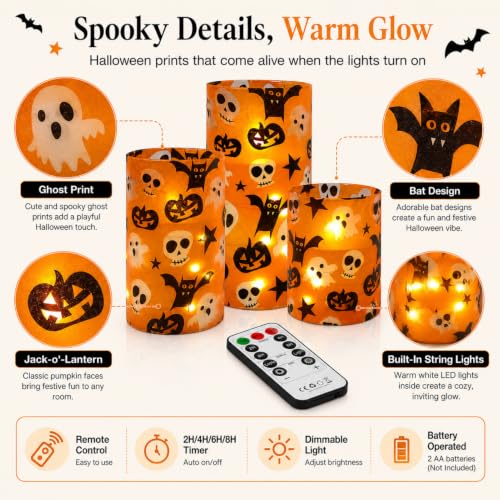 Image of Halloween Flameless Candles with String Lights - Set of 3 Ghost Battery Operated Candle Flickering Floral LED Pillar Candles with Timer Remote for Home Decor Romantic Ambiance