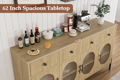 GarveeHome 62" Large Sideboard Buffet Cabinet with Storage and 3 Drawers, Buffet Table Coffee Bar Storage Cabinet with 4 Glass Doors for Dining Room, Living Room, Kitchen