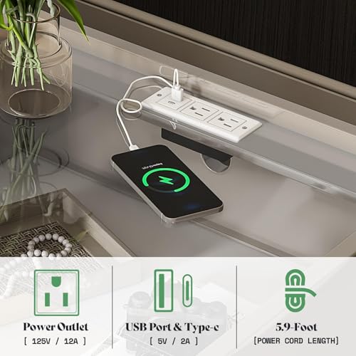Image of AMERLIFE Nightstand Set of 2, 23.6 inch High Gloss End Table with Glass Tabletop, Modern Bedside Table with Charging Station, 2 Drawers Nightstand for Bedroom, Cream & Gray