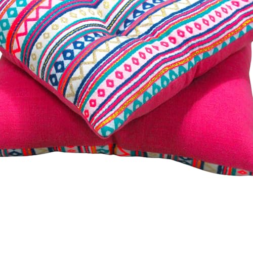 Image of Pack of 2 Washable Reversible Woven Pink Boho Seat Cushions with Micro Fiber Filler & Ties, Size 16 x 16 Inches 40 x 40 cm for Floor Sitting, Pooja, Dining Table Chair, Rastaurant