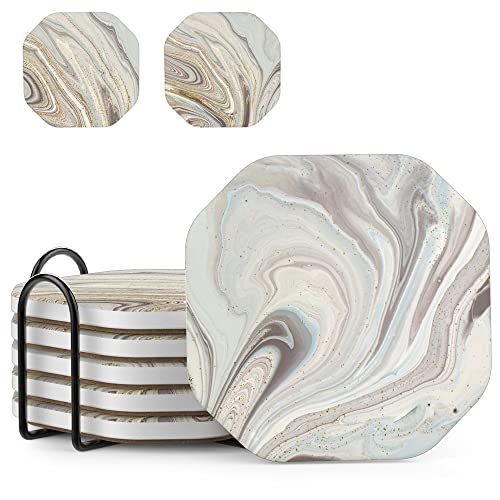 UMIRRO Ceramic Stone Coasters for Drinks Absorbent with Holder for Wooden Coffee Table, Stoneware Cup Coasters for Iced Cold or Hot Drinks, Moisture Socking, Marble Style, 4
