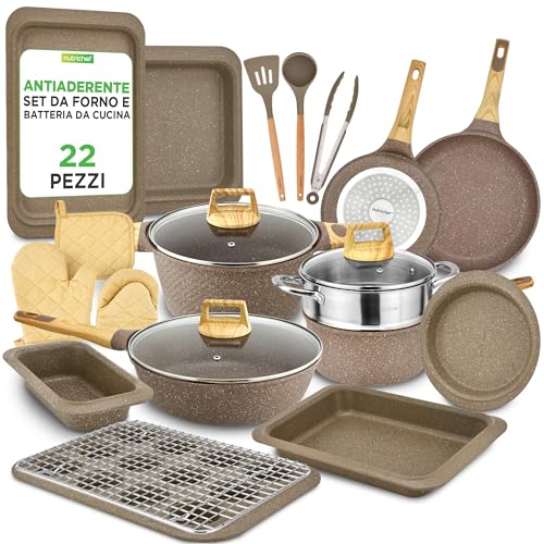 NutriChef Set 22 Pezzi Pentole, Padelle e Teglie da Forno in Marmo Antiaderente con Utensili Resistenti al Calore per Cucina Professionale