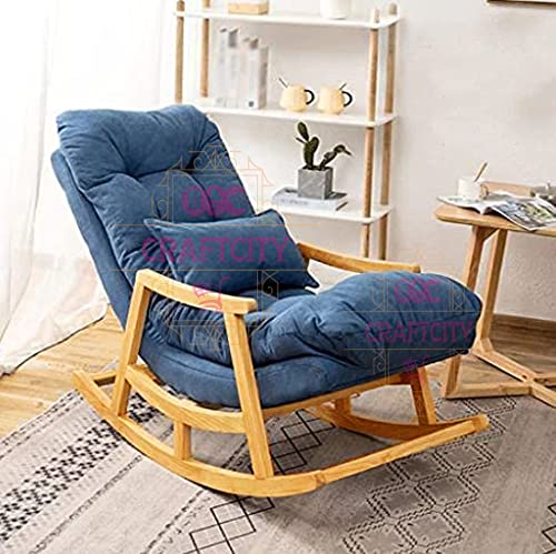 Image of CRAFTCITY Rocking Chair |Sheesham Wood Elegant Rocking Chair with Pillow and Matching Foot Stool and Pre assembeled(Blue)