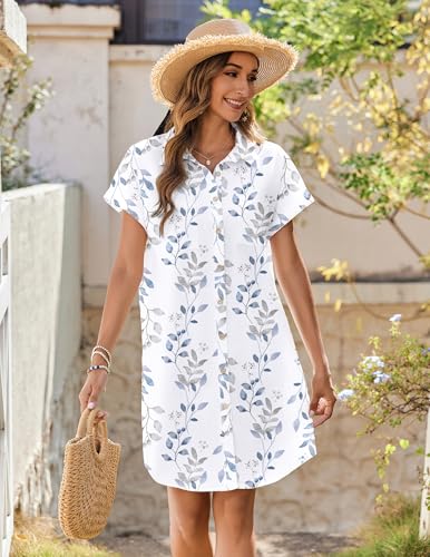 Image of Zeagoo Summer Dresses for Women 2026 Cotton Button Down Short Sleeve Tshirt Dresses Casual Mini Beach Dress