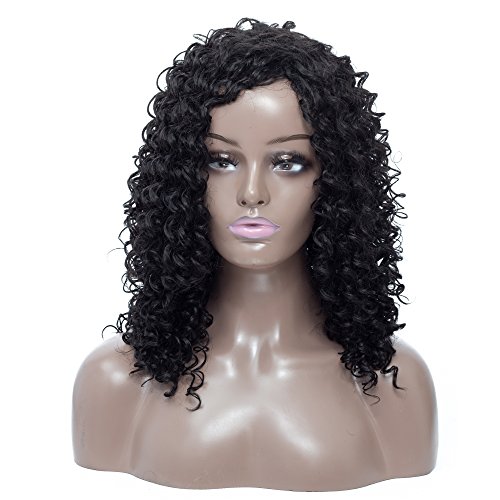 Short Curly Wigs for Woman High Density Afro Kinky Curly Hair Wig Left Part with Adjustable Straps Heat Resistance Fiber Synthetic Hair Natural Black Color 16inch 275g (#1B)