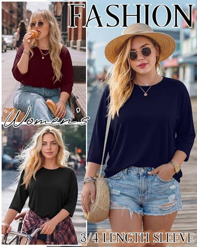 Image of Locoowai 3 Pack Women Plus Size Tops 3 /4 Sleeve Cotton Crew Neck Oversized T Shirts Loose Fit Tee Tunic Casual Blouse