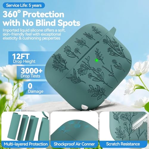 Image of Meyaar Silicone Case for AirPods Pro 3 Floral Embossed, Flower Engraved Soft Silicone Cover with Keychain, Anti-Scratch, Shockproof Protective Case Cover (Pine Green, for AirPods Pro 3 (2025))
