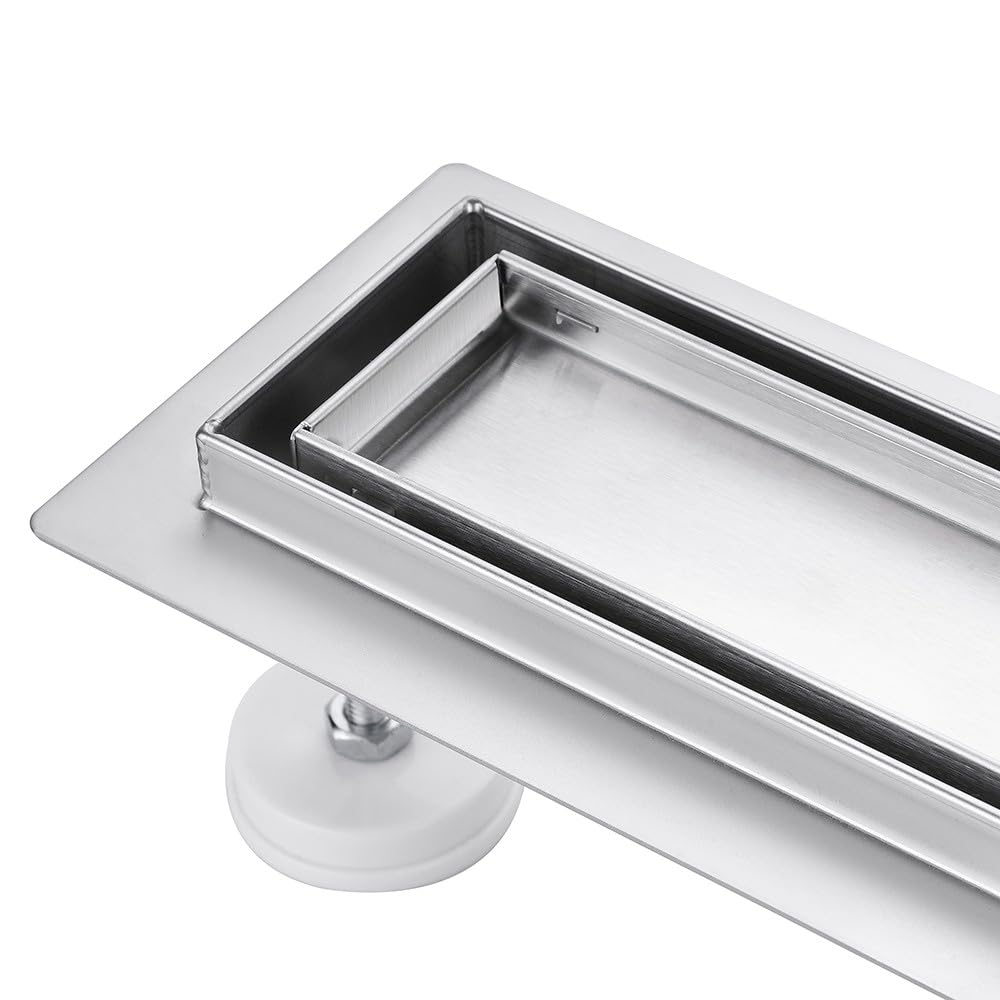 Caniveau de Douche Italienne a Carreler 60 cm Acier Inoxydable Extra Plat Siphon de Sol Douche Italienne pour Salle de Bain