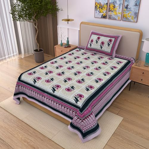 Image of 100% Cotton Single Bedsheet with 1 Pillow Cover | 240 TC Pure Cotton Flat Bed Sheet | Traditional Jaipuri Printed Bedding Set | Soft & Breathable | 60 x 90 Inch (Rangmahal Single 02)