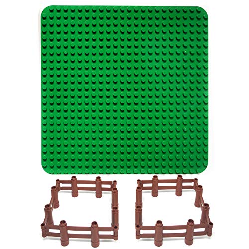 Aliris Large Green Baseplate and 8 Fences for Large Bricks - 24 x 24 Holes Compatible with Duplo