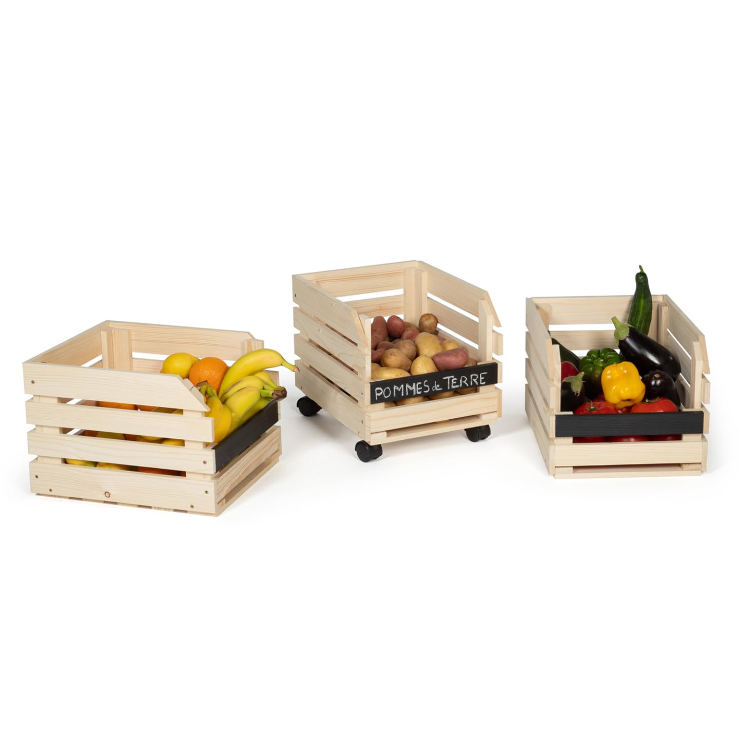 IDMarket - Carrello portavivande con 3 cestelli in legno per frutta e verdura