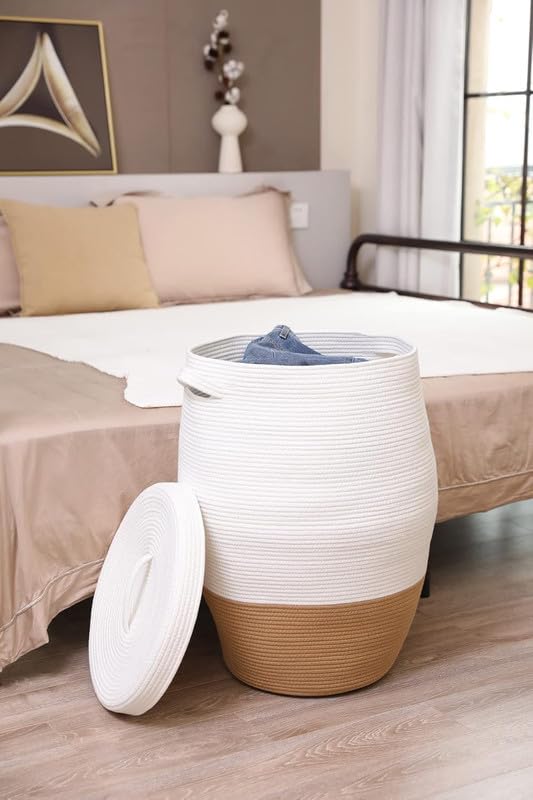 Image of Storage Cotton Rope Basket and Laundry Hamper for Dirty Clothes, Towels, Blankets, Pillows Storage in Living Room, Laundry Room and Bedroom (Beige White With Lid, 14x18 Inch)