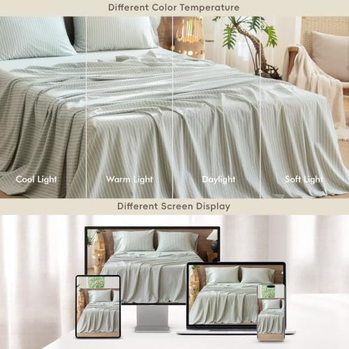 Image of MooMee Striped Sheet Set 100% Washed Cotton Linen Like King
