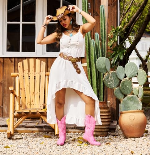 Image of IUV Cowboy Boots for Women Mid Calf Pull-On Cowgirl Boots | Wide Calf Ponited-Toe Western Boots