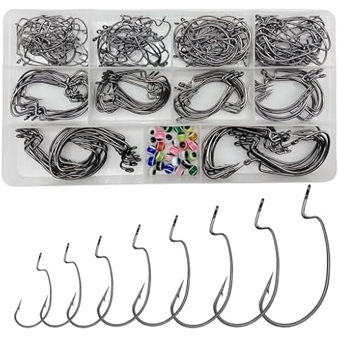 DAMIDEL 220Pcs/Box 2X Strong High Carbon Steel Worm Fishing Hook,8 Sizes Mixed(5/0,4/0,3/0 2#,4#), Senko Soft Bait Fish Hook Set for Bass,Barded Design,25 Pcs Eye Beads Bait Cover