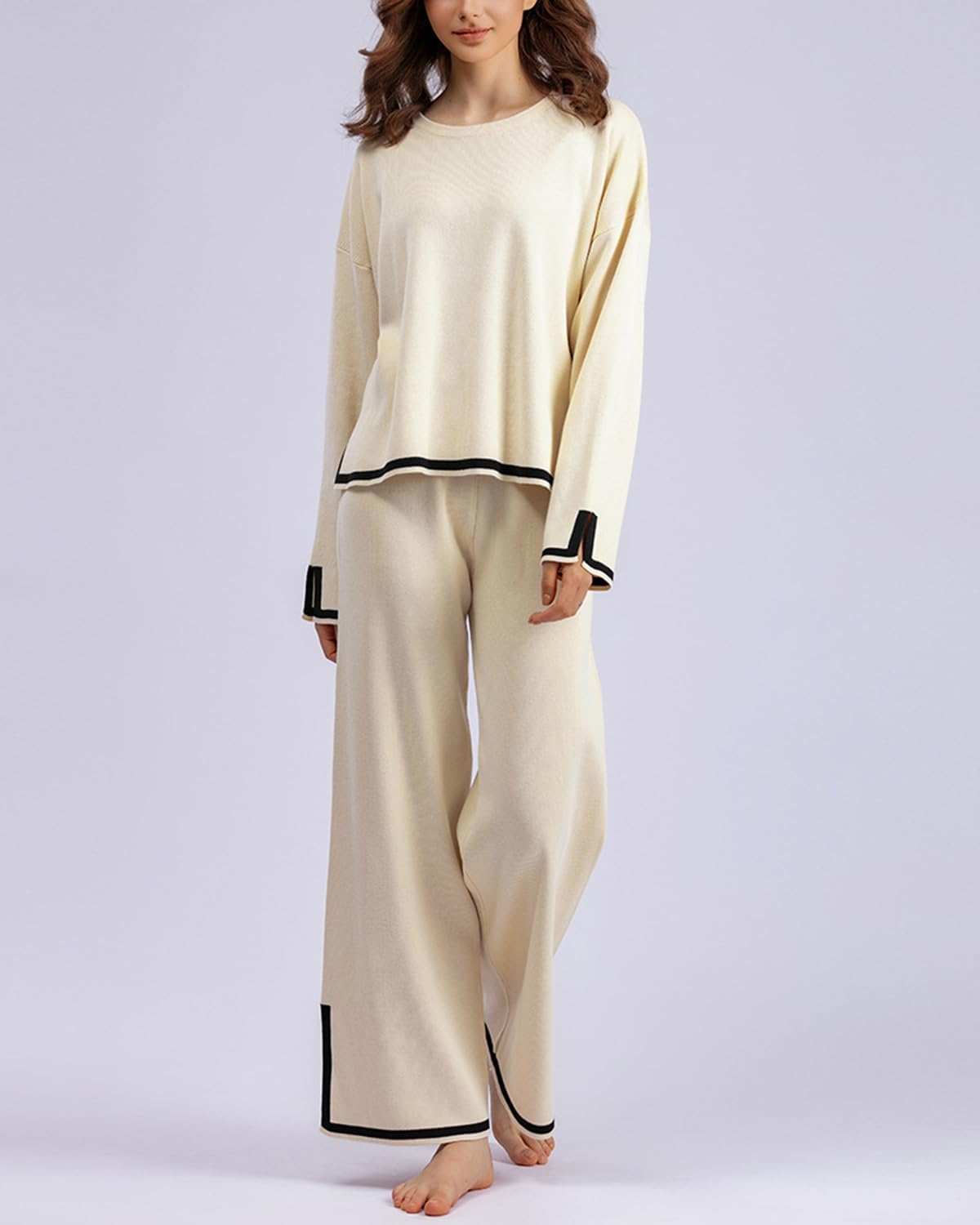 Conjunto de chándal de punto para mujer, conjunto de 2 piezas, conjunto de chándal de punto, suéter de punto, pantalones de pierna ancha, conjunto de ropa de descanso de moda, traje de