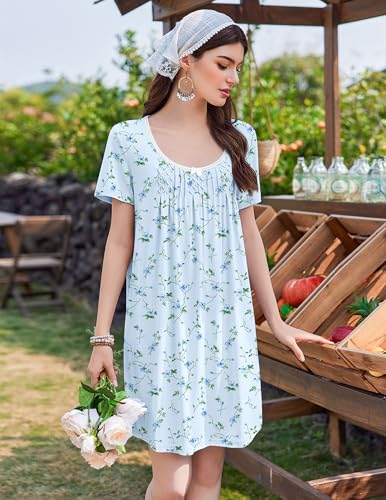 Image of Ekouaer Nightgowns for Women Pleated Sleep Shirts Short Sleeve Night Shirts Lace Trim Night Gown Ladies Sleep Dress