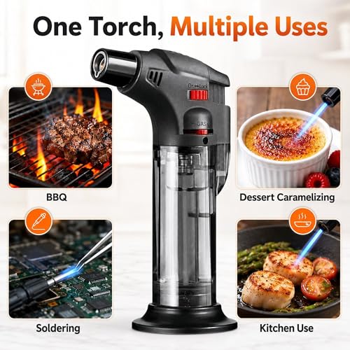 Image of Blow Torch Lighter | Jet Flame Kitchen Torch | Windproof Refillable Butane Gas Lighter for BBQ, Cooking, Stove,Soldering, Candle, Resin Art, Camping | Adjustable Flame | Safety Lock (1)