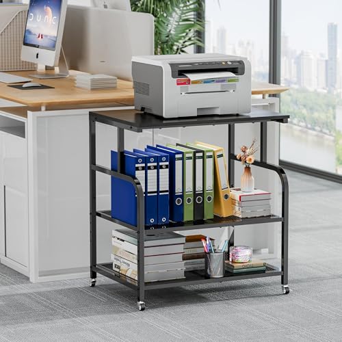 Image of niffgaff Mobile Printer Stand with Large Desktop - 3 Tier Shelf, 24.4 Inch Height, Wooden Organizer for Home&Office, Black