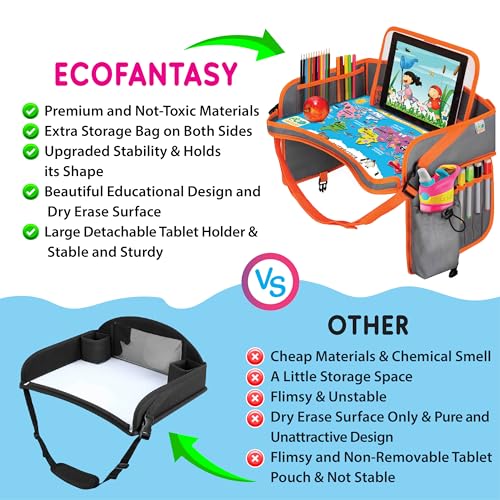 Image of Kids Travel Tray - Waterproof Car Table with No-Drop Large Tablet Holder - Car Seat Tray - Road Trip Must Haves - Kids Lap Desk Organizer for Airplane - Toddler Travel Essentials (Orange)