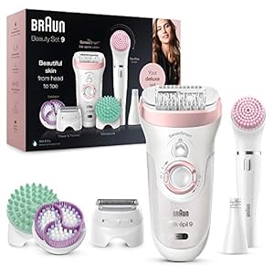 Braun Silk-épil 9 Beauty-Set, Epilierer Damen / Haarentferner, FaceSpa Gesichtshaarentferner, Aufsätze für Rasierer, Peeling, Reinigung Gesicht/Körper, Tasche, 9-995, weiß/flamingo