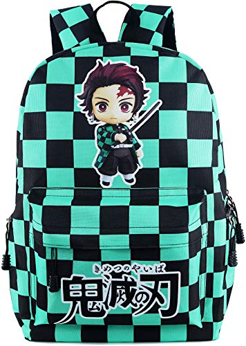 Roffatide Anime Demon Slayer Sac à dos Sac d'école à carreaux vert noir Sac à dos pour ordinateur portable de grande capacité
