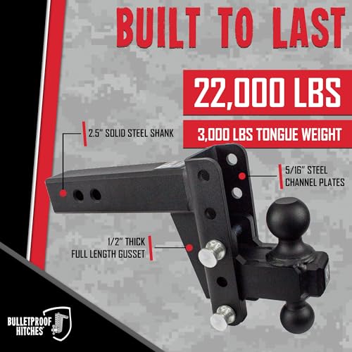 Image of BulletProof Hitches - 2.5 inch Adjustable Heavy Duty Trailer Hitch (22,000 lb. Rating) - 4 inch Drop /Rise Trailer Hitch with 2 inch & 2-5 /16 inch Dual Ball - Powder Coat, Solid Steel, Corrosion-Resistant