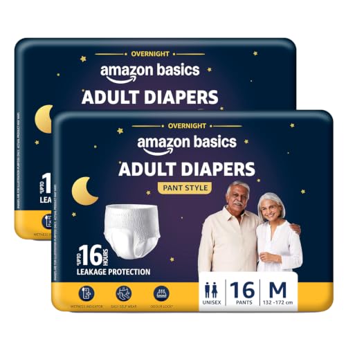 Image of Amazon Basics Overnight Adult Diapers Pants Style | Medium Size | 32 Count | (16 x Pack of 2) | Up to 16-Hour* Protection | Double-Layer Absorbent Core | Aloe Vera Inner Layer