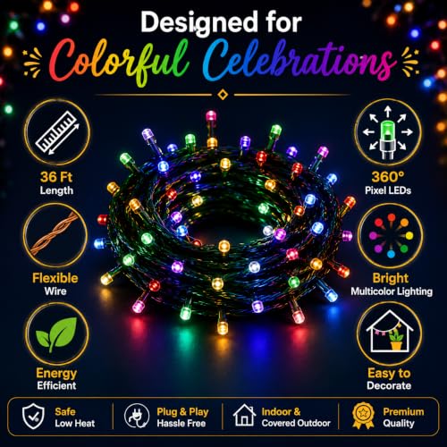 Image of Quace 36 Ft Multicolor LED Pixel String Lights | 360 Decorative Copper Wire Fairy Lights for Diwali, Christmas, Wedding, Party & Home Decor | Bright Serial LED Lighting | Pack of 10