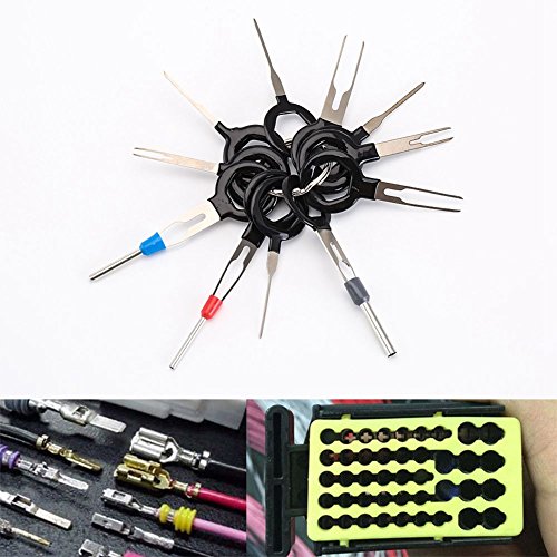 Kqcibz 11PCS Auto Car Plug Circuit Board Wire Harness Terminal Extraction Pick Connector Crimp Pin Back Needle Remove Tool Set, black&silver, 150108