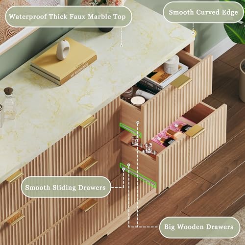 Image of Fluted Dresser for Bedroom with 9 Drawers, 53'' Mid Century Modern Dressers with Faux Marble Top, Wooden Chests of Drawers with Gold Handle & Curved Profile, Closet Clothes Storage Organizer TV Stand