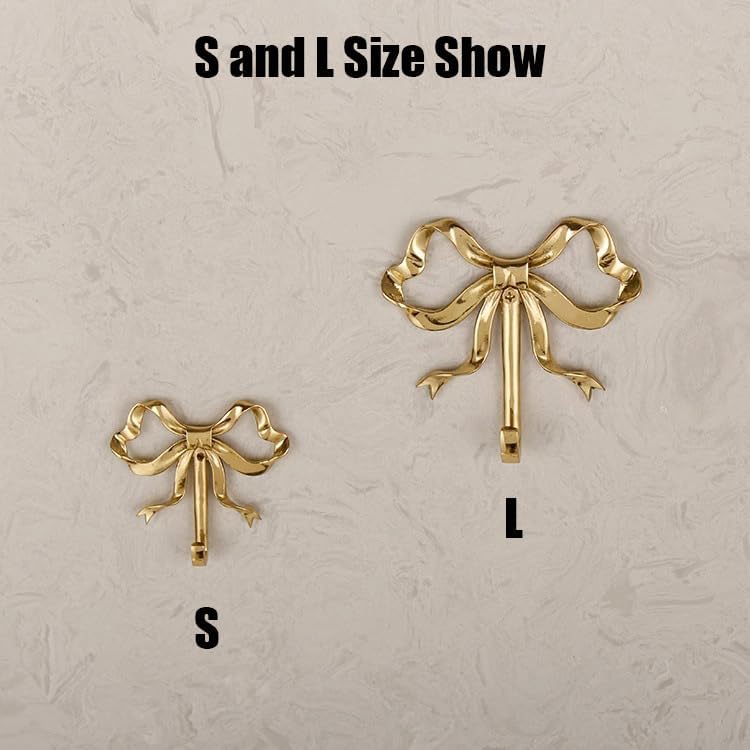 Bow Wall Hooks Brass (2 Pcs) Christmas Wall Decor Gold Hooks Door Hanger Towel Multi-Purpose Hooks for Hanging for Bathroom Living Room Kitchen Decor Christmas Birthday Gift (L)