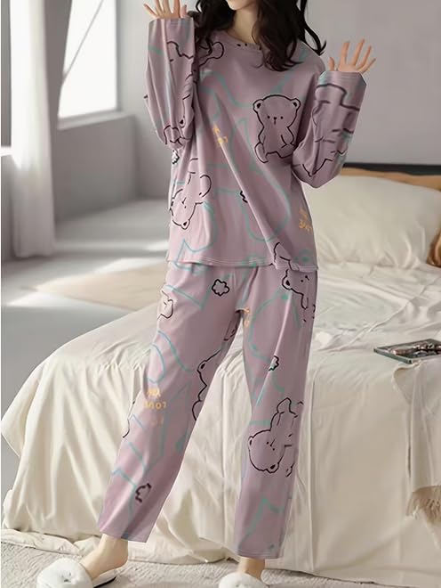 Image of Lunza Women's Cotton Blend Pajama Set, Short Sleeve T-Shirt and Shorts, Cute Bear Print Nightwear