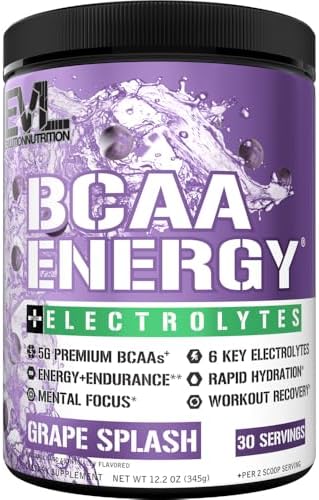 EVL BCAAs Amino Acids Powder – BCAA Energy Pre Workout Powder for Muscle Recovery Lean Growth and Endurance – Rehydrating Post Workout Recovery Drink with 6 Key Electrolytes – Grape Splash